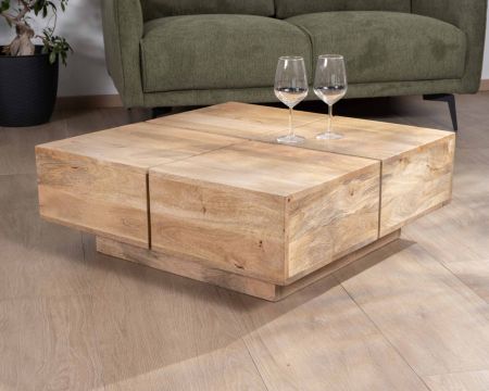 Table basse carrée style contemporain en bois massif naturel "Pablo"