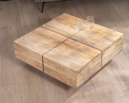 Table basse carrée style contemporain en bois massif naturel "Pablo"