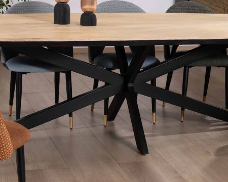 Table rectangulaire manguier massif 200cm bords biseautés noirs et pieds métal 3D "Pise"
