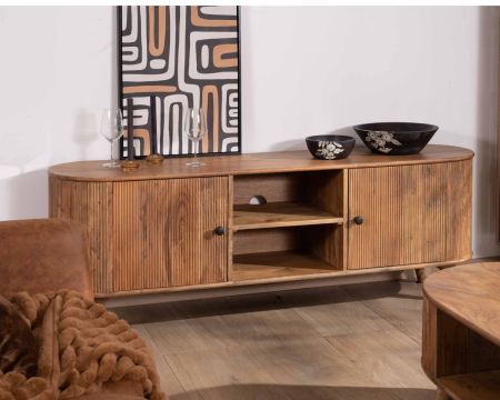 Grand meuble TV 175cm design arrondi vintage acacia massif "Boomer" 2 portes et 2 niches
