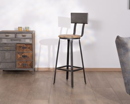 Chaise de bar métal gris antique et bois "Atelier grey" hauteur 110 cm