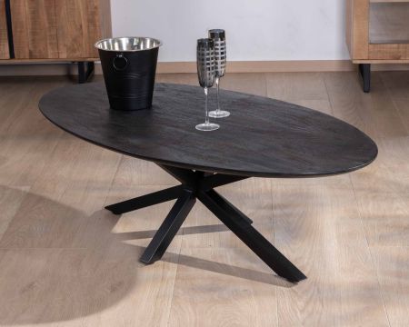 Table basse noire plateau ellipse en manguier massif sablé et pieds métal 3D "Pise"