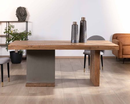 Table de repas moderne 200cm en acacia massif pieds bloc bois et ciment "Cemento"