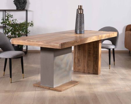 Table de repas moderne 200cm en acacia massif pieds bloc bois et ciment "Cemento"