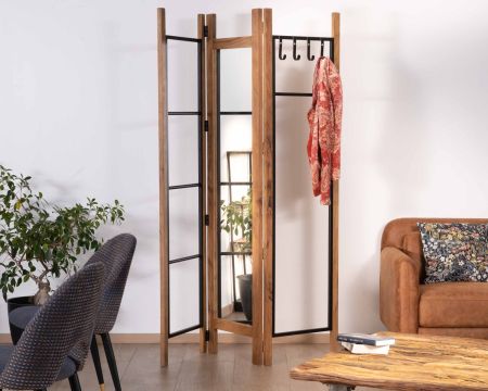 Paravent porte-vêtement en acacia et métal noir avec miroir "Bennett"