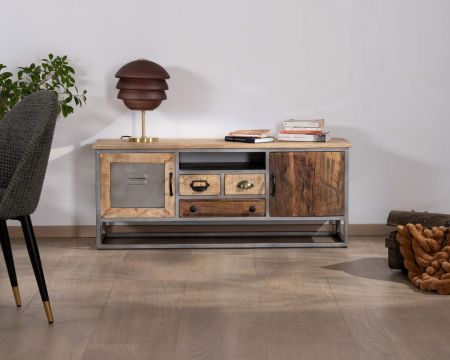 Meuble TV 125 cm bois de manguier et métal gris "Twist"