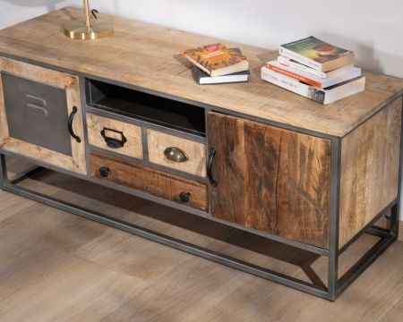 Meuble TV 125 cm bois de manguier et métal gris "Twist"
