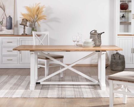 Table de salle à manger rectangulaire plateau acacia 200cm et pied blanc "Trégastel"