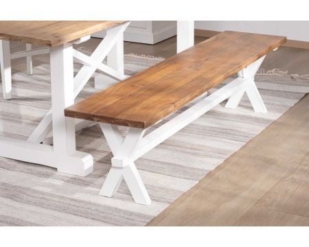 Banc 180 cm en acacia massif pieds blanc en croix "Trégastel"