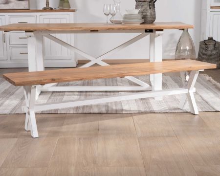 Banc 180 cm en acacia massif pieds blanc en croix "Trégastel"