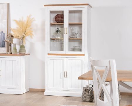 Petit vaisselier blanc en acacia avec portes vitrées "Trégastel"