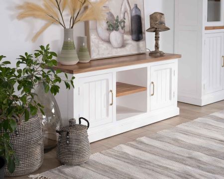 Meuble TV 150cm blanc en acacia massif et plateau naturel "Trégastel" 2 portes