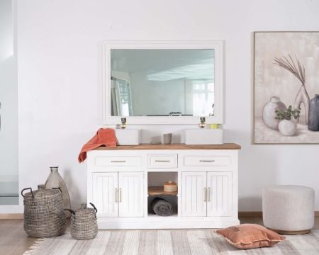 Meuble de salle bain double en acacia naturel et blanc "Trégastel"