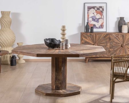 Table à diner octogonale 150 cm plateau et pieds en rosace de bois recyclé "Woodstock"