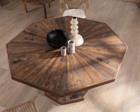 Table à diner octogonale 150 cm plateau et pieds en rosace de bois recyclé "Woodstock"