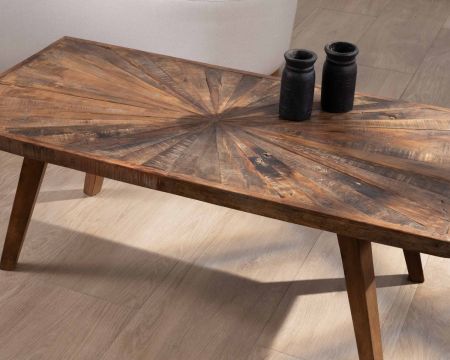 Table de salon rectangulaire motifs et finitions style ethnique bois recyclé "Woodstock"