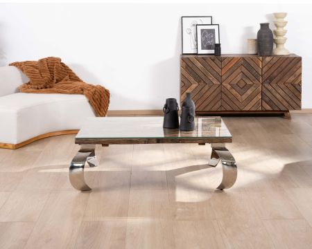 Table basse rectangulaire bois recyclé rustique, plateau verre et pieds design métal brillant opium "Timber"