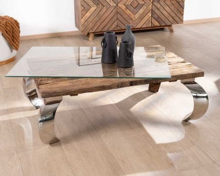 Table basse rectangulaire bois recyclé rustique, plateau verre et pieds design métal brillant opium "Timber"