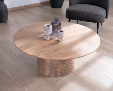 Table basse en manguier plateau rond 100cm finition sablée et pied dôme "Koktel"