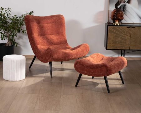 Fauteuil avec repose-pieds en tissu terracotta en velours "Caspe"