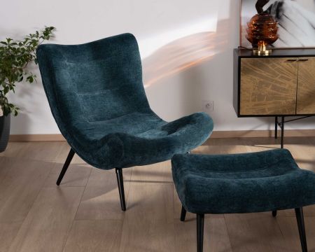 Fauteuil de relaxation avec pouf en tissu bleu pétrole "Caspe"