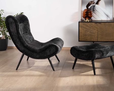 Fauteuil de détente avec pouf en tissu noir "Caspe"