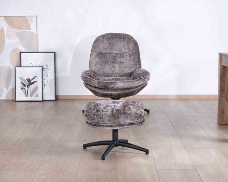 Fauteuil confort gris cendré esprit rétro avec repose-pieds "Branson" pivotant 360°