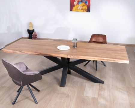 Grande table de repas haut de gamme plateau bois épais pieds métal "3D"