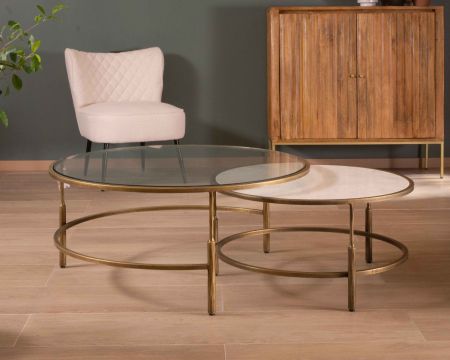 Tables basses gigognes rondes marbre, verre et laiton "Gilt Antique"
