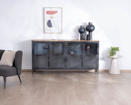 Buffet industriel vitré en métal et bois exotique 180 cm "Dowtoun"