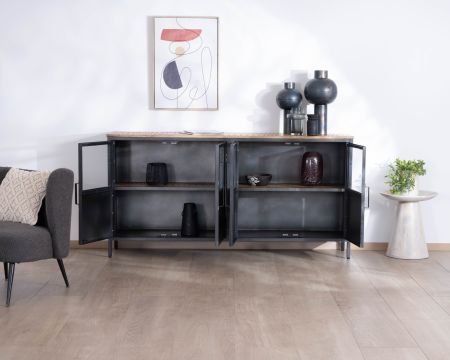 Buffet industriel vitré en métal et bois exotique 180 cm "Dowtoun"