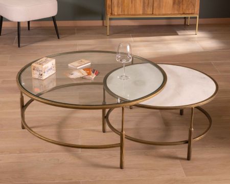 Tables basses gigognes rondes marbre, verre et laiton "Gilt Antique"