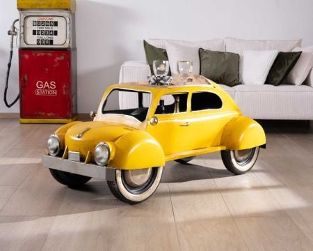 Insolite table de salon voiture vintage jaune "Crazy"