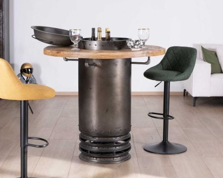 Table de bar esprit récup' factory avec plateau bois massif et tuyau upcyclé "Crazy"