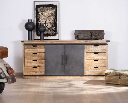 Buffet métal et bois 200cm portes coulissantes "Caractère"