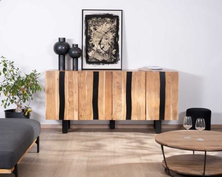 Grand buffet design 190cm en bois massif d’acacia et métal noir "Zen Black"