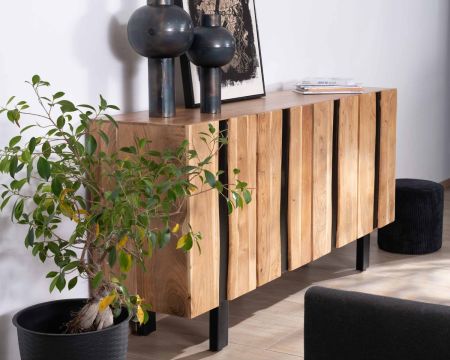 Grand buffet design 190cm en bois massif d’acacia et métal noir "Zen Black"