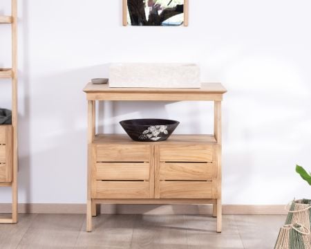 Meuble sous vasque 80 cm design japandi en teck "Beau Matin"