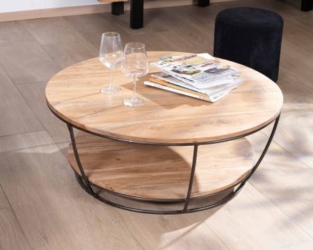 Table basse ronde double plateau métal et acacia 90 cm "Manhattan"