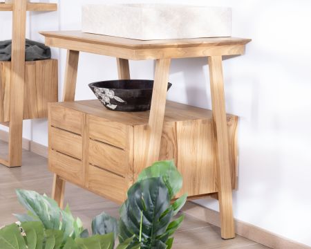 Meuble sous vasque 80 cm design japandi en teck "Beau Matin"