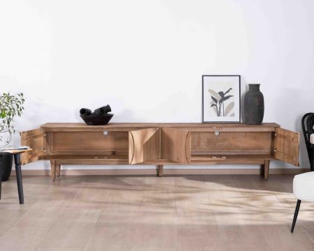 Grand meuble TV contemporain 240cm en manguier 4 portes "Cabure"