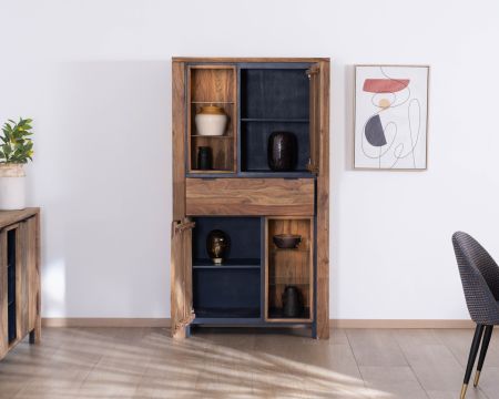 Argentier avec éclairage intérieur et étagères verre "Enoa" en palissandre et acacia