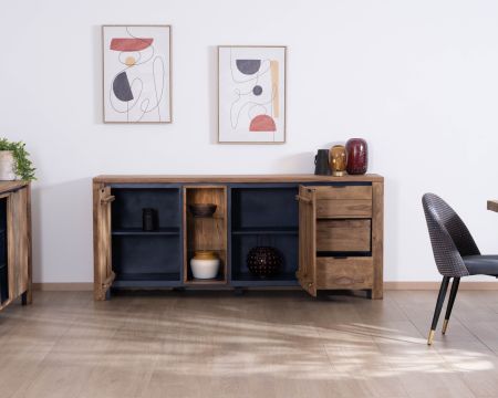 Buffet multi-rangements avec étagères en verre "Enoa" en palissandre et acacia 200 cm 