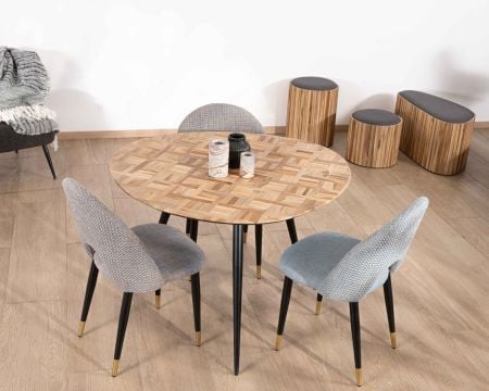 Petite table de repas 3 pieds crayon en métal plateau teck marqueterie "Foster" 110cm