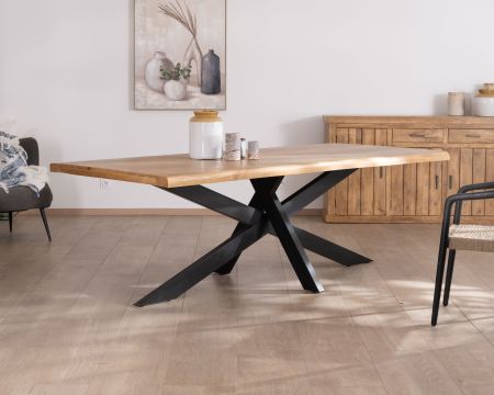 Grande table de repas 240 cm plateau en manguier bords naturels "Presolino" pieds croix métal