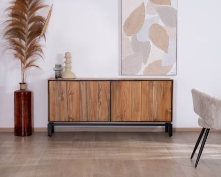 Enfilade contemporaine 4 portes en teck naturel et métal noir "Olonie"