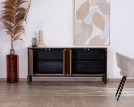 Enfilade contemporaine 4 portes en teck naturel et métal noir "Olonie"