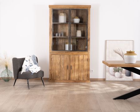 Petit vaisselier contemporain 120 cm en manguier avec portes vitrées et bois "Presolino"