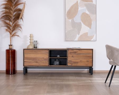Meuble télé 175 cm bicolore contemporain "Olonie" en teck naturel et métal