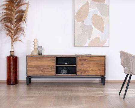Meuble télé 175 cm bicolore contemporain "Olonie" en teck naturel et métal